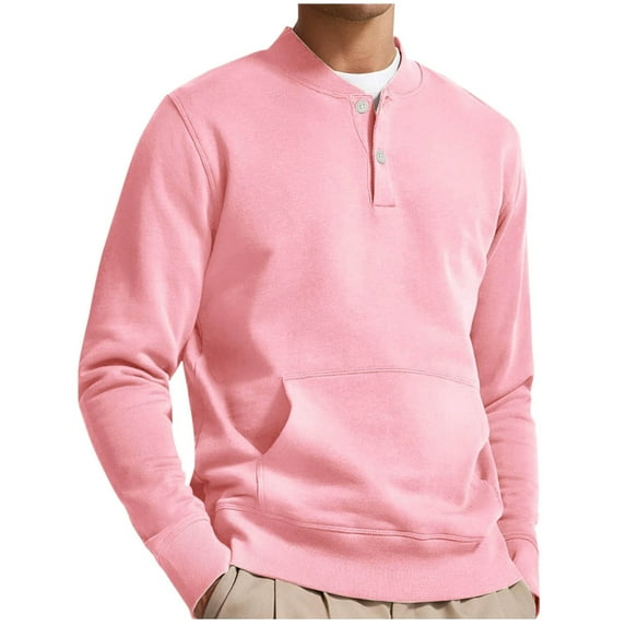 Man Solid-Color Casual Button Pocket Sweatshirt Long Sleeve V-Neck