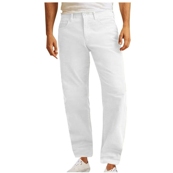 Man Solid-Color Corduroy Pocket Button Casual Loose Straight Leg Pants White