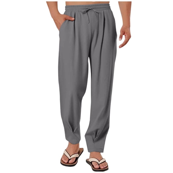 Man Solid-Color Loose Casual Cotton-Linen Pocket Drawstring Elastic-Waist Full Length Pants