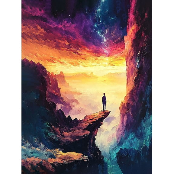 Man Standing on Cliff Edge Painting/Canvas Art Suitable for Living Room Bedroom Featuring Colorful Sky Landscape and Silhouette Abstract Mountain Views.