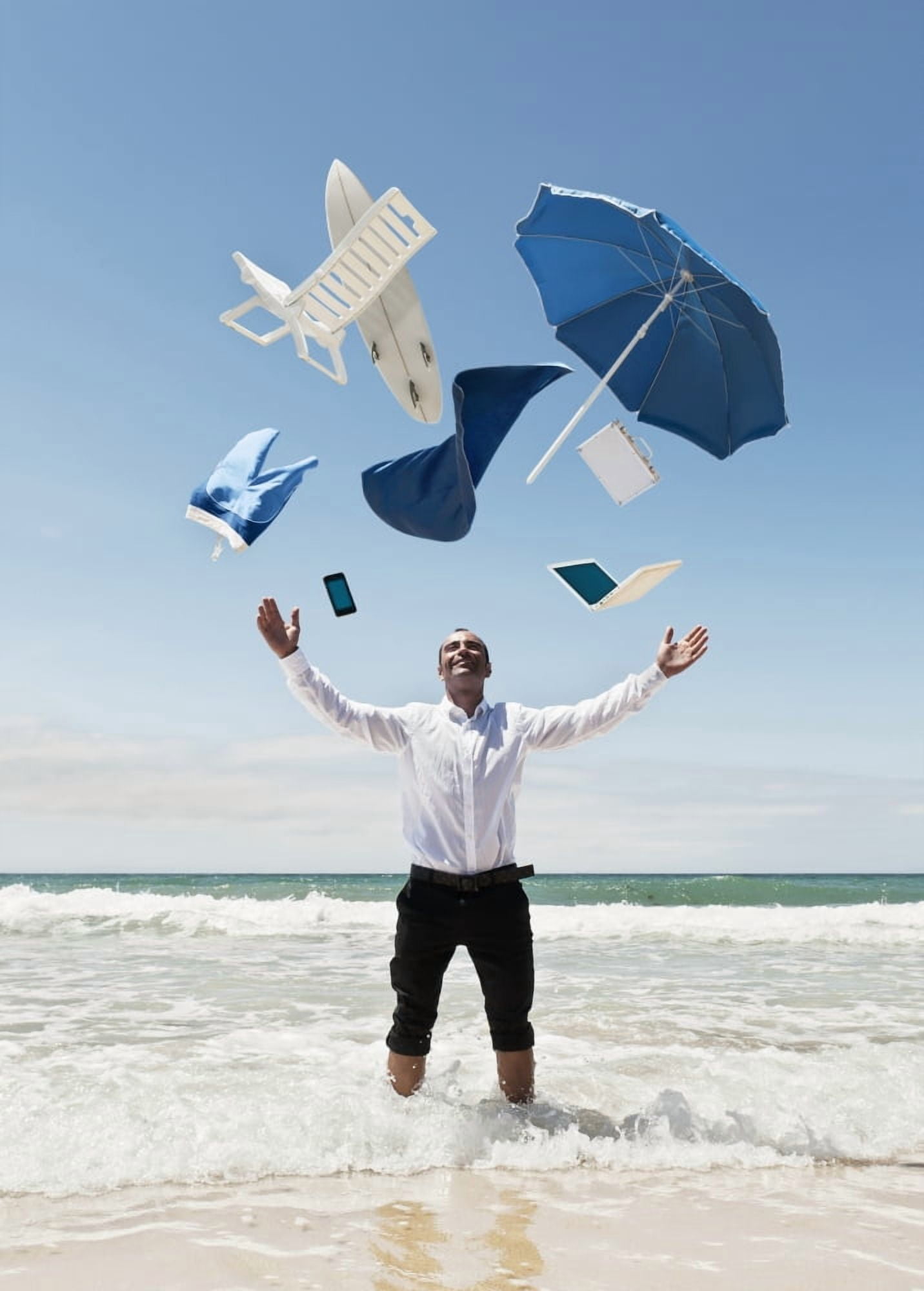 A Man Stands In The Ocean With Items From Work And Vacation Flying Over His Head Tarifa Cadiz Andalusia Spain Canvas Art - Ben Welsh Design Pics (13 x 18)