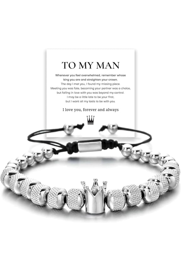 To My Man - Straighten Your Crown Bracelet Gift Set, To My Man Bracelet Adjustable Bead Stainless steel Crown Bracelets Boyfriend Anniversary Birthday Christmas Fathers Gifts for Men