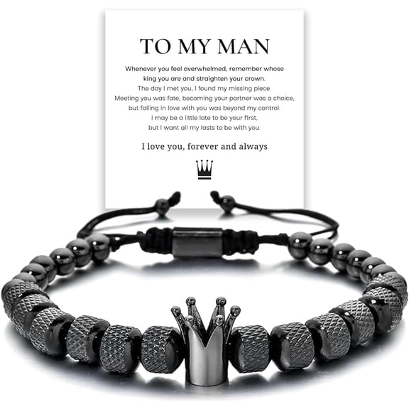 To My Man - Straighten Your Crown Bracelet Gift Set, To My Man Bracelet Adjustable Bead Stainless steel Crown Bracelets Boyfriend Anniversary Birthday Christmas Fathers Gifts for Men