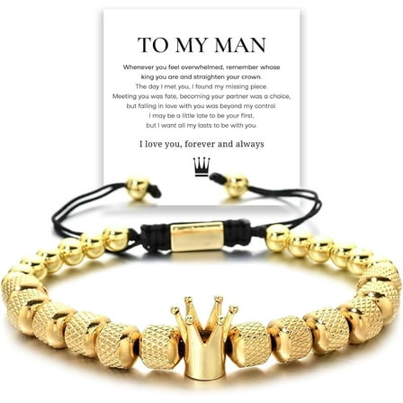 To My Man - Straighten Your Crown Bracelet Gift Set, To My Man Bracelet Adjustable Bead Stainless steel Crown Bracelets Boyfriend Anniversary Birthday Christmas Fathers Gifts for Men