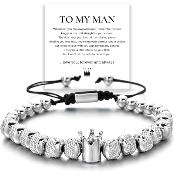To My Man - Straighten Your Crown Bracelet Gift Set, To My Man Bracelet Adjustable Bead Stainless steel Crown Bracelets Boyfriend Anniversary Birthday Christmas Fathers Gifts for Men