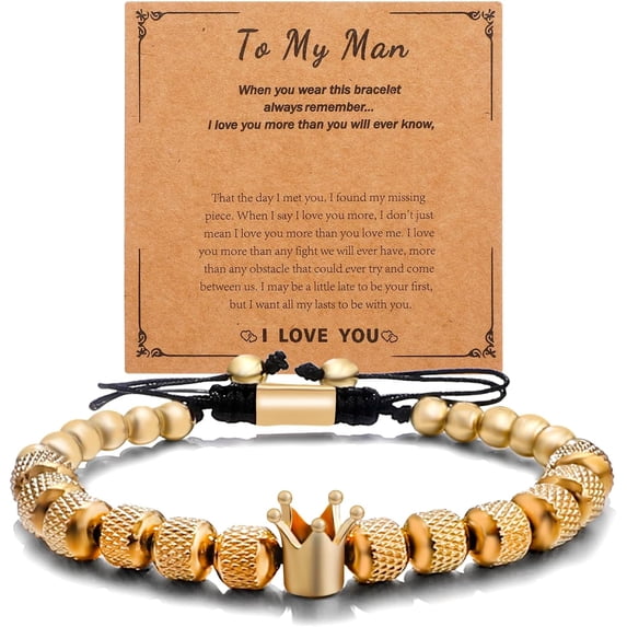 To My Man- Straighten Your Crown Bracelet Gift,to My Man Bracelet Gifts for Men, Adjustable Stainless steel Crown Bracelets for Husband Boyfriend, Valentine Birthday Christmas Gifts for Men