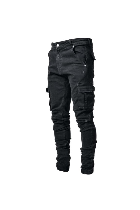 Man Stretch Jeans Destroyeds Ripped Skinnys Jeans Distressed Casual Straight Leg Denims Pant with Cargo Pockets