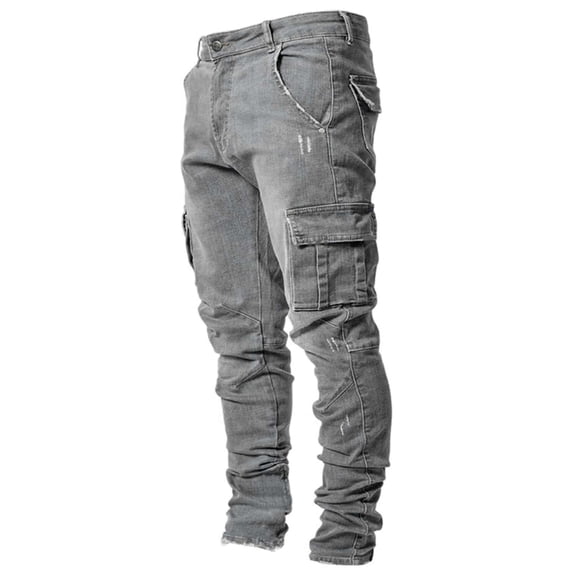 Man Stretch Jeans Destroyeds Ripped Skinnys Jeans Distressed Casual Straight Leg Denims Pant with Cargo Pockets