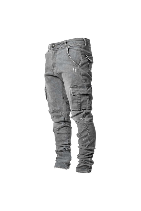 Man Stretch Jeans Destroyeds Ripped Skinnys Jeans Distressed Casual Straight Leg Denims Pant with Cargo Pockets