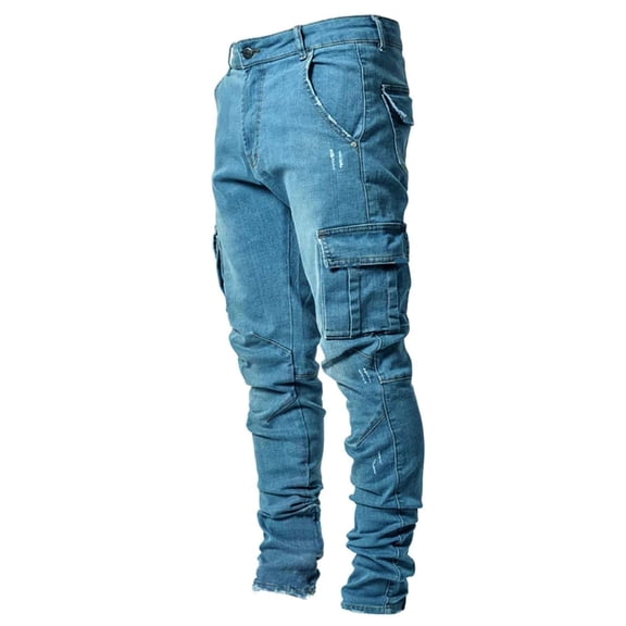 Man Stretch Jeans Destroyeds Ripped Skinnys Jeans Distressed Casual Straight Leg Denims Pant with Cargo Pockets