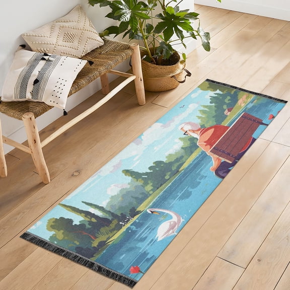 Man Swan Lake Trees Runner Rug Machine Washable Area Rugs Carpet Non Slip Entryway Mat for Bedroom Entryway Front Door