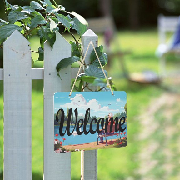 Man Swan Lake Trees Welcome Sign for Front Door Porch Wreath Door Sign Home Decoration Rustic Farmhouse Style