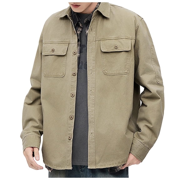 Man T-Shirts Classic Solid Business Button Down Long Sleeve Outdoor Mens Clothing,Khaki,M