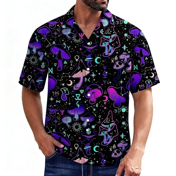 Man T-Shirts Tropical Floral Print Short Sleeve Button Down Mens Casual Shirts,Purple,S