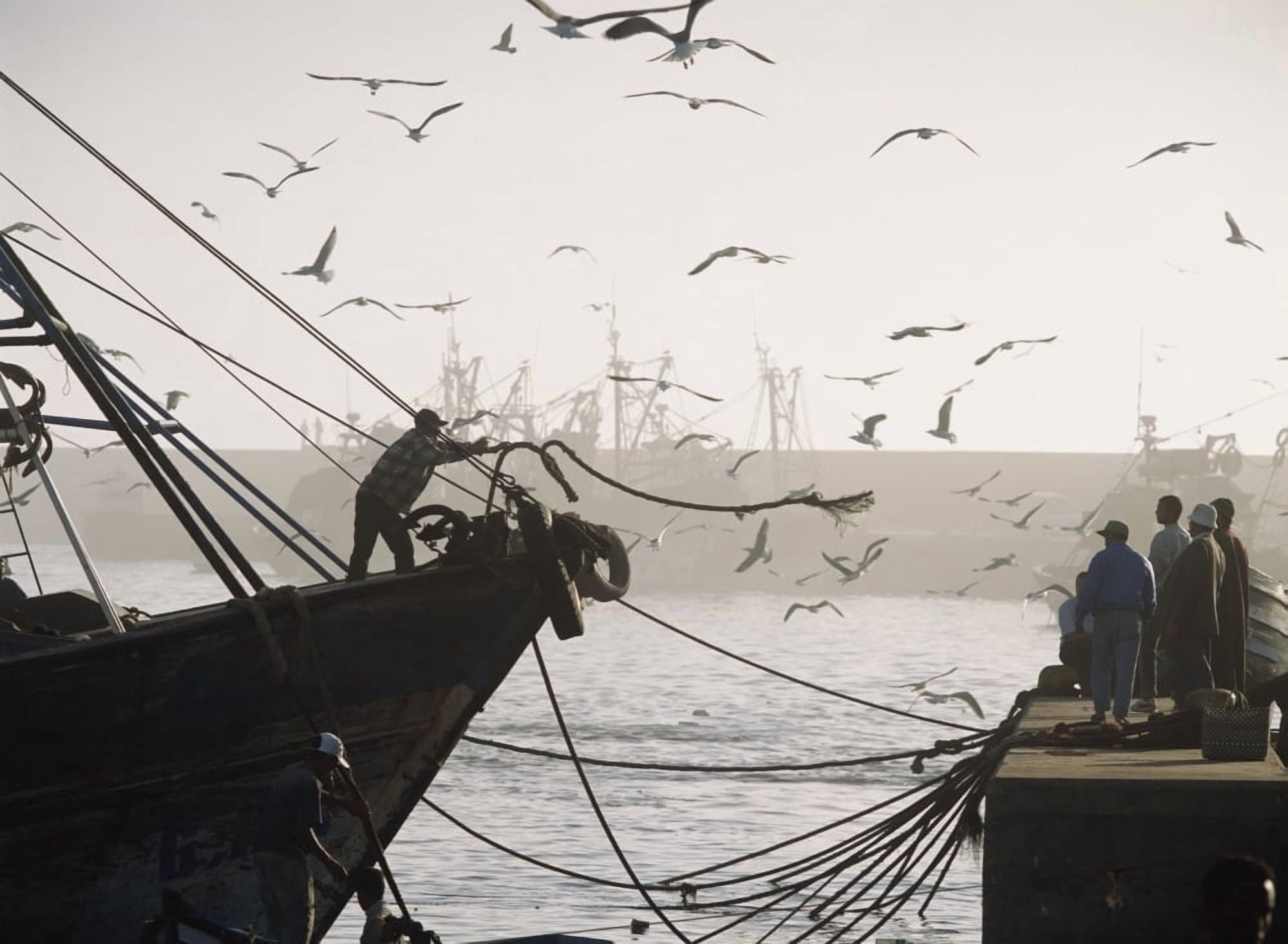 Man Throwing Rope To People On Dockside Of Harbor At Dusk Canvas Art - Ian Cumming Design Pics (18 x 13)