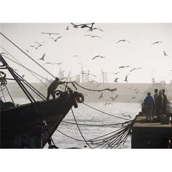 Man Throwing Rope to People On Dockside of Harbor At Dusk Poster Print - 36 x 26 - Large