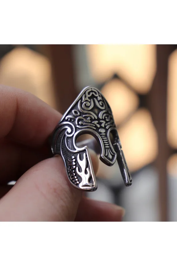 Man Viking Warrior Helmet Ring Scandinavian Pagan Norse Rune 14K White Gold Rings Totem Amulet Jewelry