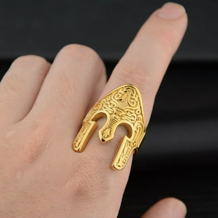 Man Warrior Helmet Ring Scandinavian Pagan Norse Rune 14K Yellow Gold Rings Totem Amulet Jewelry