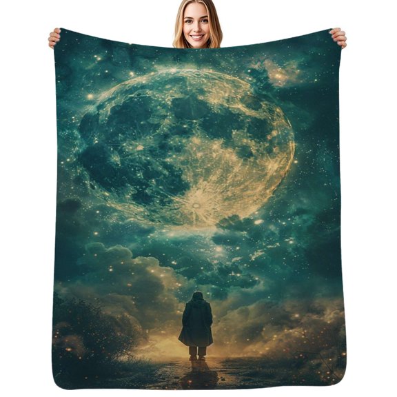 Man Watching Giant Moon Flannel Blankets Soft Throw Blanket Winter Travel Office Outdoor Bedspread