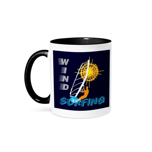 3drose, Man Wind Surfer, Text Wind Surfing, Orange Sun. Good Vibes, 11oz Two-tone Black Mug