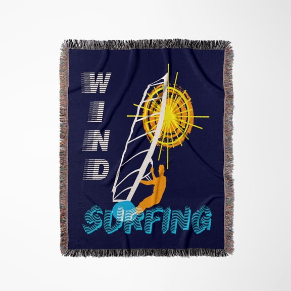 Man Wind Surfer, Text Wind Surfing, Orange Sun. Good Vibes, Woven Blanket
