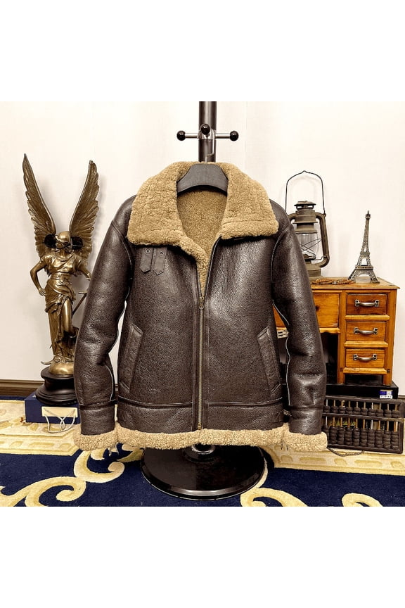 Man Winter Fashion Coat Genuine Leather Natural Real Sheepskin Lambskin Pilot Jacket for Male Thick Wool Liner Black Brown Plus Oversized 5XL 6XL 7XL,Brown,4XL