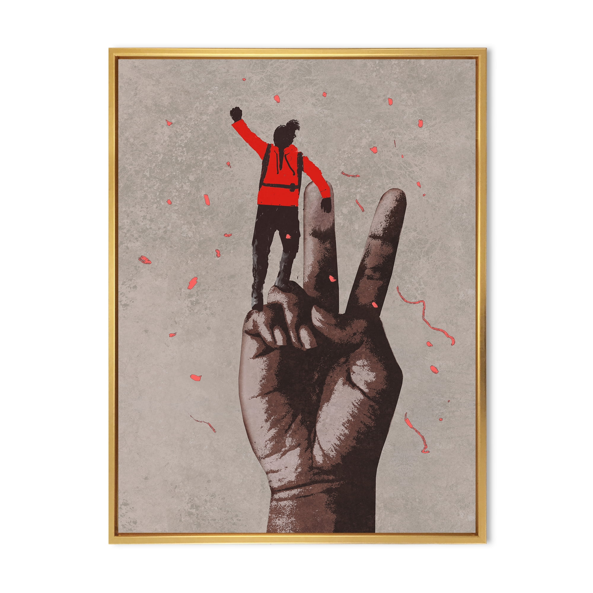 Man With Arm Raised On Victory Sign 24 in x 32 in Framed Painting Canvas Art Print, by Designart