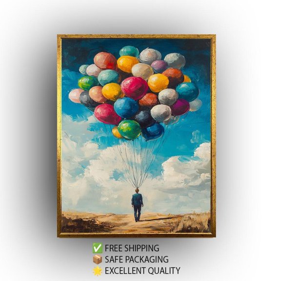 Man With Balloons Surreal Sky Poster, Unframed Paper Poster 8x10in