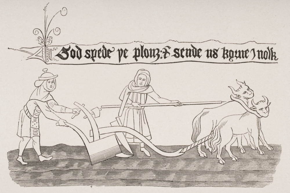Man And Woman Ploughing Field Miniature From Ancient Anglo-Saxon Manuscript Legend Says God Spede Ye Plough And Send Us Korne Enow Canvas Art - Ken Welsh Design Pics (34 x 22)