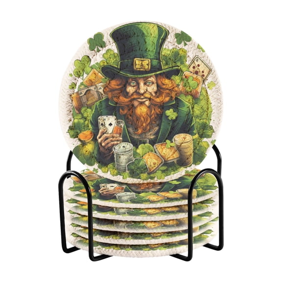 Man and St-patrick's Day 6 Pcs Drink Coasters with Holder Absorbent Coasters Woven Coasters for Drinks Table Desk Protection Home Decor