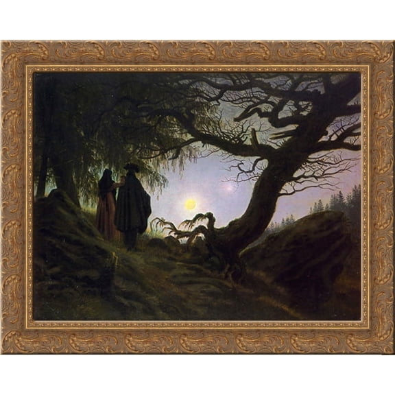Man and Woman Contemplating the Moon 24x20 Gold Ornate Wood Framed Canvas Art by Friedrich, Casper David