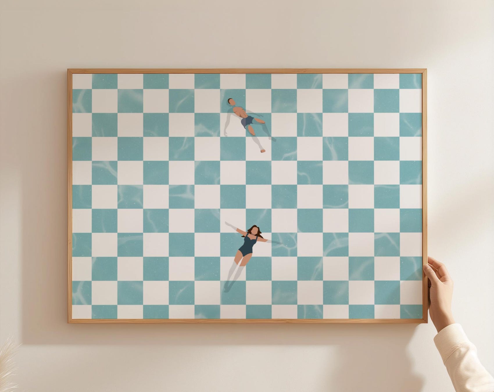 Man and Woman Floating in Retro Checkerboard Pool Art | Swimming Pool ...