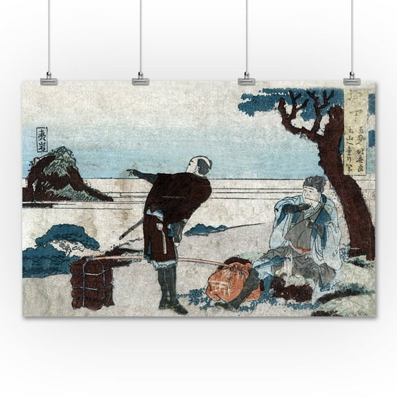 Man and a Porter Resting on the Roadside Japanese Wood-Cut Print (36x54 Giclee Gallery Print, Wall Decor Travel Poster)