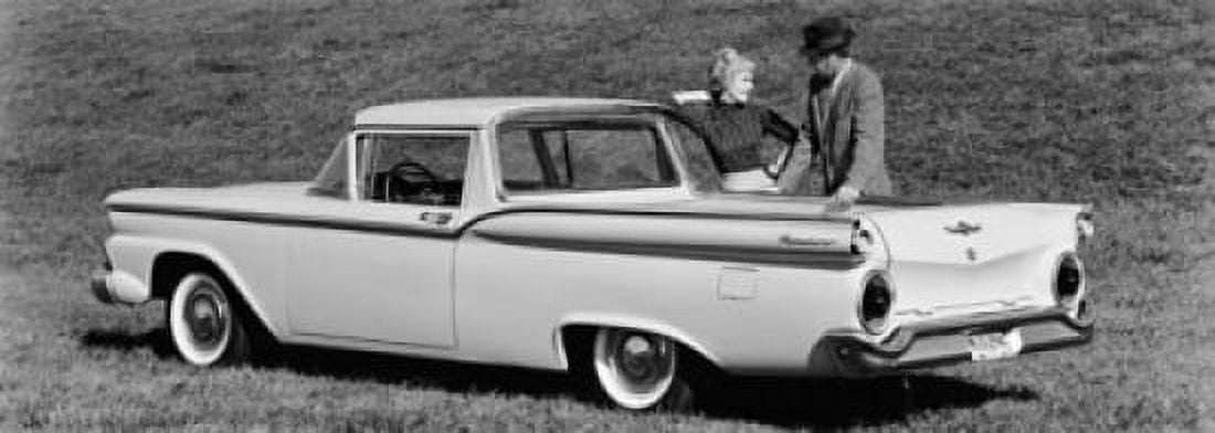 Man and a woman standing near a 1959 Ford Ranchero Canvas Art - (18 x 24)