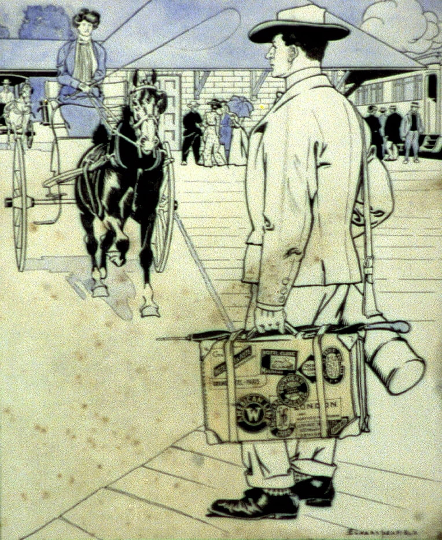Man at station with suitcase c1906 Canvas Art - Edward Penfield (24 x 36)