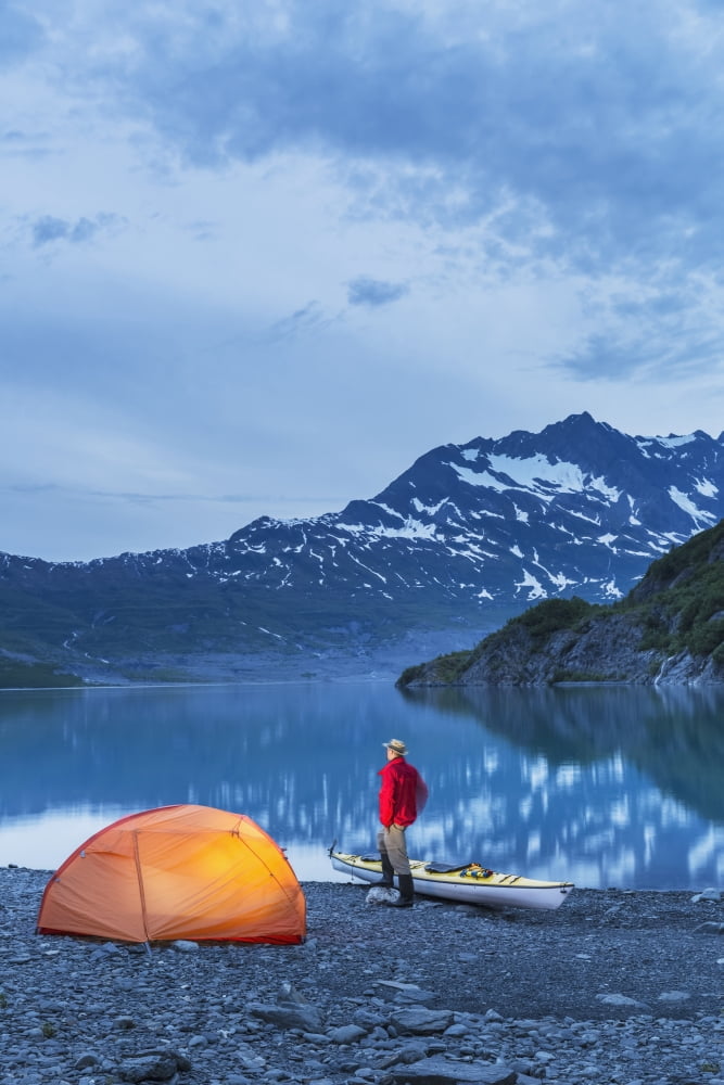 Man camping with a tent and kayak at Shoup Bay State Marine Park Prince William sound Valdez Southcentral Alaska Canvas Art - Kevin Smith Design Pics (12 x 19)