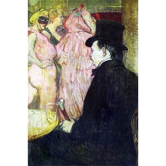 Man dressed formally sits with his cane at a table and looks on at a few women, one with a cane Poster Print by Toulouse-Lautrec (18 x 24)