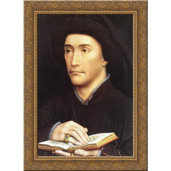 Man holding book 24x18 Gold Ornate Wood Framed Canvas Art by Rogier van der Weyden