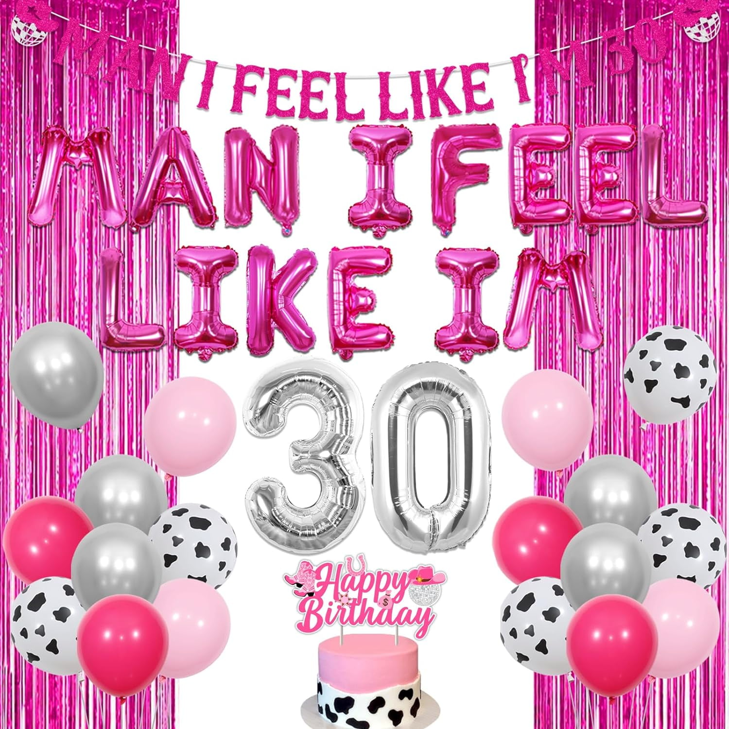 Man i Feel Like Im 30 Decorations, Disco Cowgirl Decorations 30th Birthday,  Hot Pink Silver Cow Print Foil Balloons Banner Cake Topper Fringe Curtain  Backdrop for Western 30th Birthday - Walmart.com, image size:1500x1500