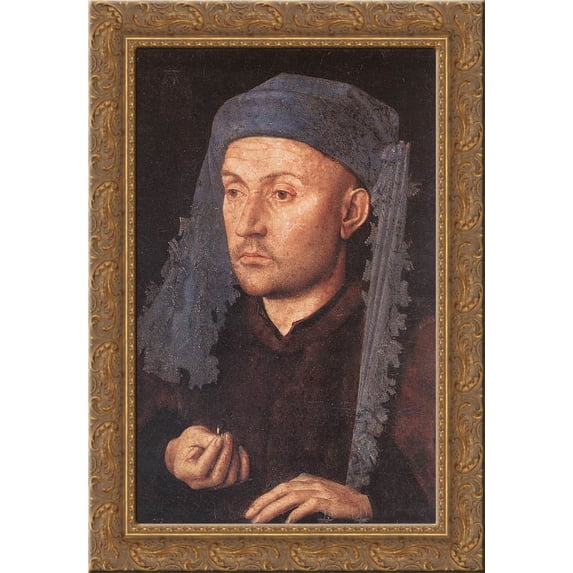 Man in a Blue Turban 24x18 Gold Ornate Wood Framed Canvas Art by Jan van Eyck