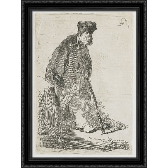 Man in a coat and fur cap leaning against a bank 28x38 Large Black Ornate Wood Framed Canvas Art by Rembrandt