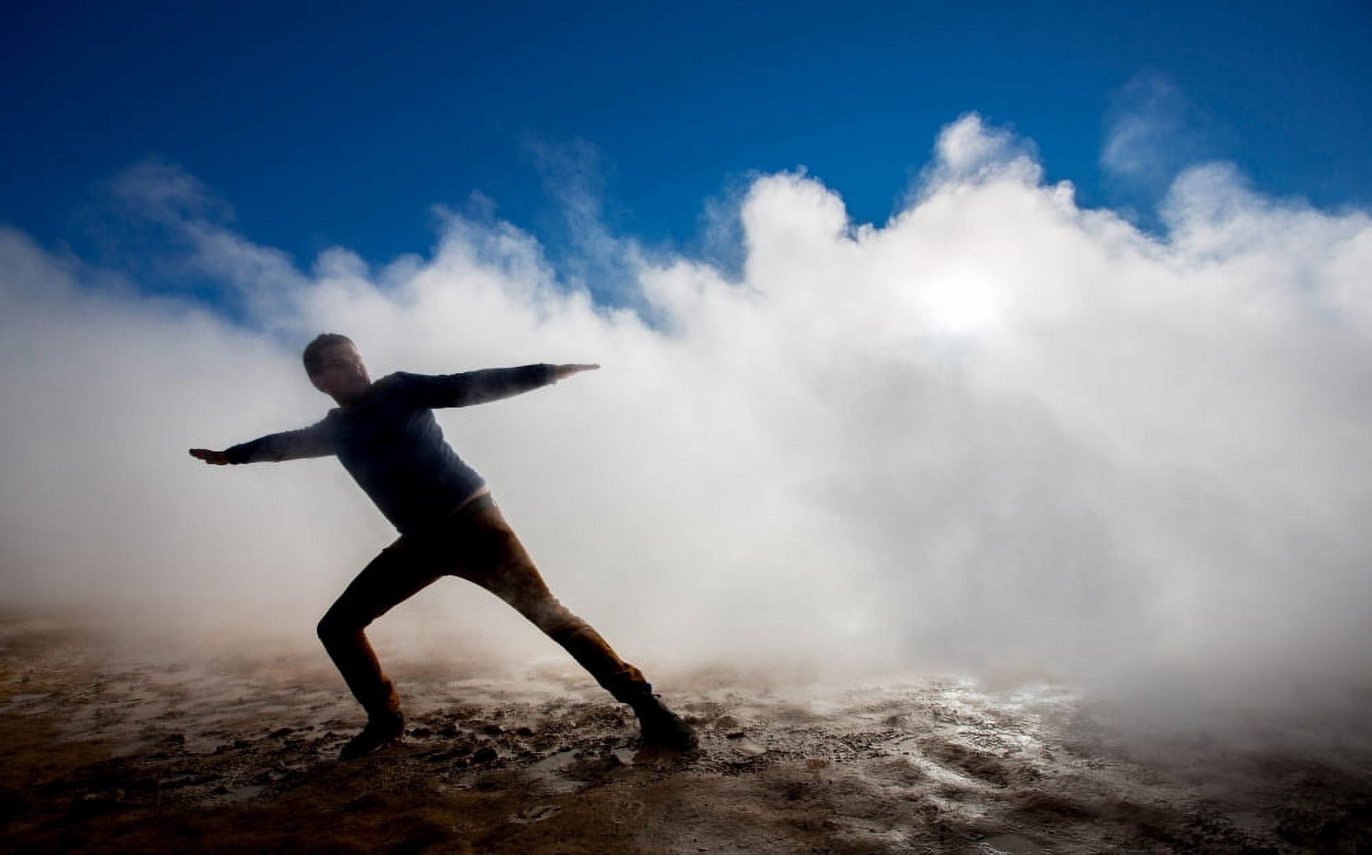 Man in the steam at Namaskard- Geothermal Volcanic area Northern Iceland Canvas Art - Panoramic Images (20 x 12)