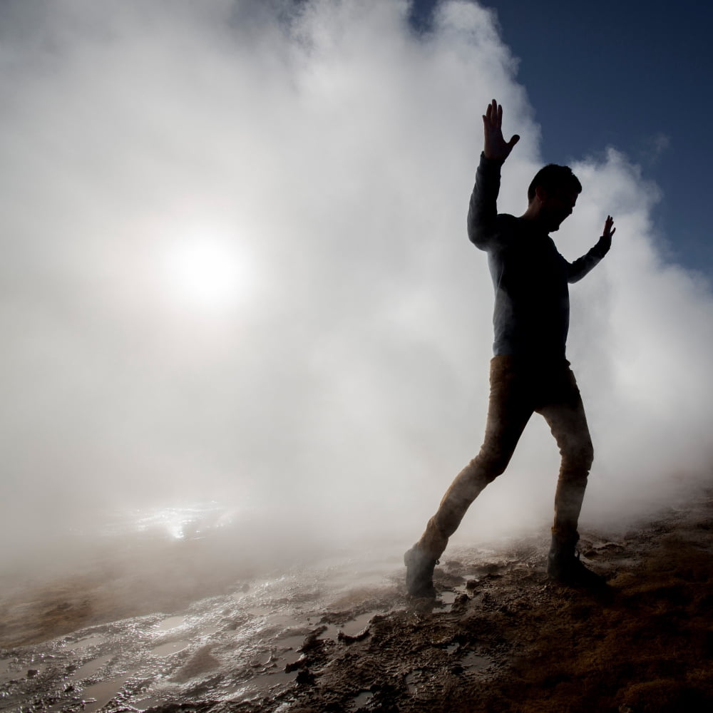 Man in the steam at Namaskard- Geothermal Volcanic area Northern Iceland Canvas Art - Panoramic Images (24 x 24)