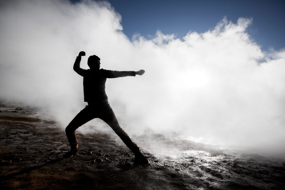 Man in the steam at Namaskard- Geothermal Volcanic area Northern Iceland Canvas Art - Panoramic Images (36 x 12)
