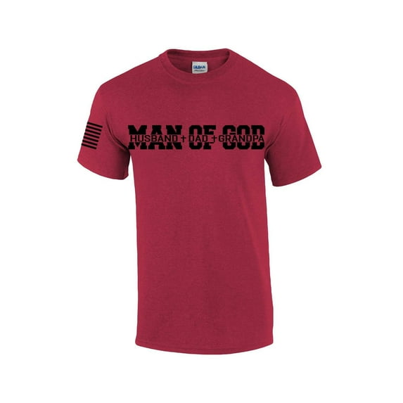 Man of God Dad Father Grandpa Mens Christian American Flag Sleeve T-shirt Graphic Tee Graphic Tee-Antique Cherry-small
