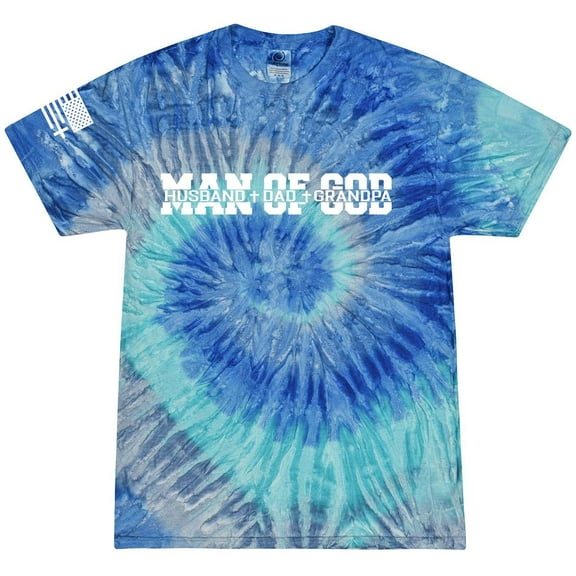 Man of God Dad Father Grandpa Mens Christian American Flag Sleeve T-shirt Graphic Tee Graphic Tee-Blue Jerry Tie Dye-small