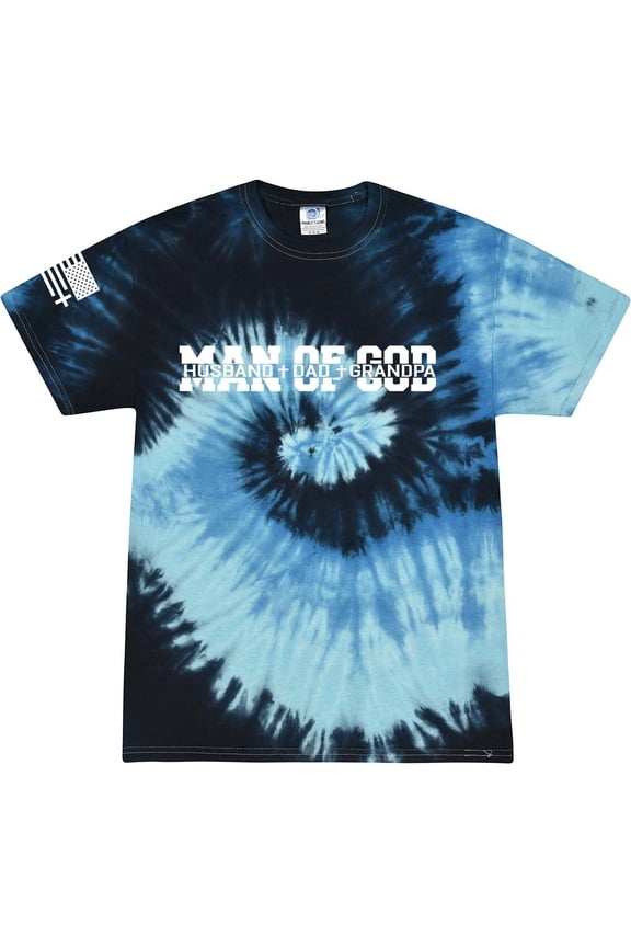Man of God Dad Father Grandpa Mens Christian American Flag Sleeve T-shirt Graphic Tee Graphic Tee-Blue Ocean Tie Dye-large