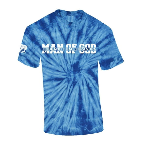 Man of God Dad Father Grandpa Mens Christian American Flag Sleeve T-shirt Graphic Tee Graphic Tee-Blue Tie Dye-medium