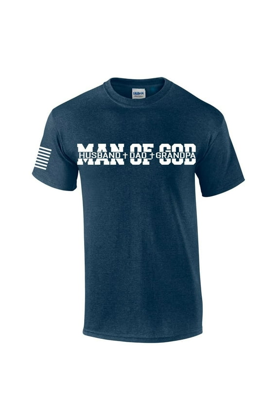 Man of God Dad Father Grandpa Mens Christian American Flag Sleeve T-shirt Graphic Tee Graphic Tee-Heather Navy-xxxl