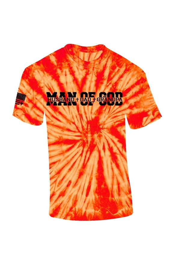 Man of God Dad Father Grandpa Mens Christian American Flag Sleeve T-shirt Graphic Tee Graphic Tee-Orange Tie Dye-large